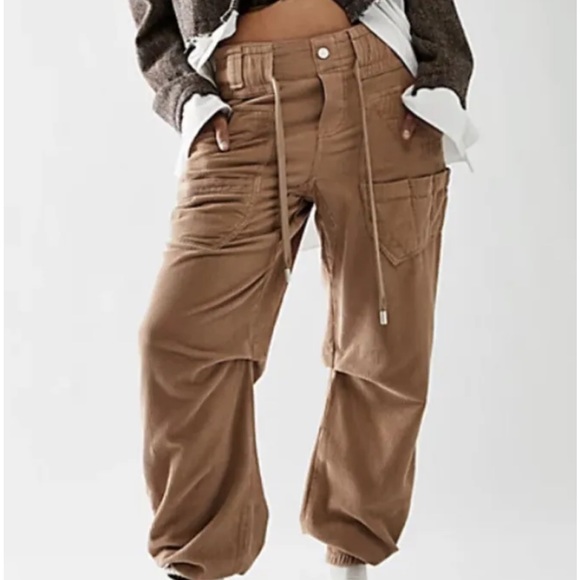 Free People Low Slung Pull On Cord Pants Tie Cord Cinch Hem Tan - Picture 2 of 6